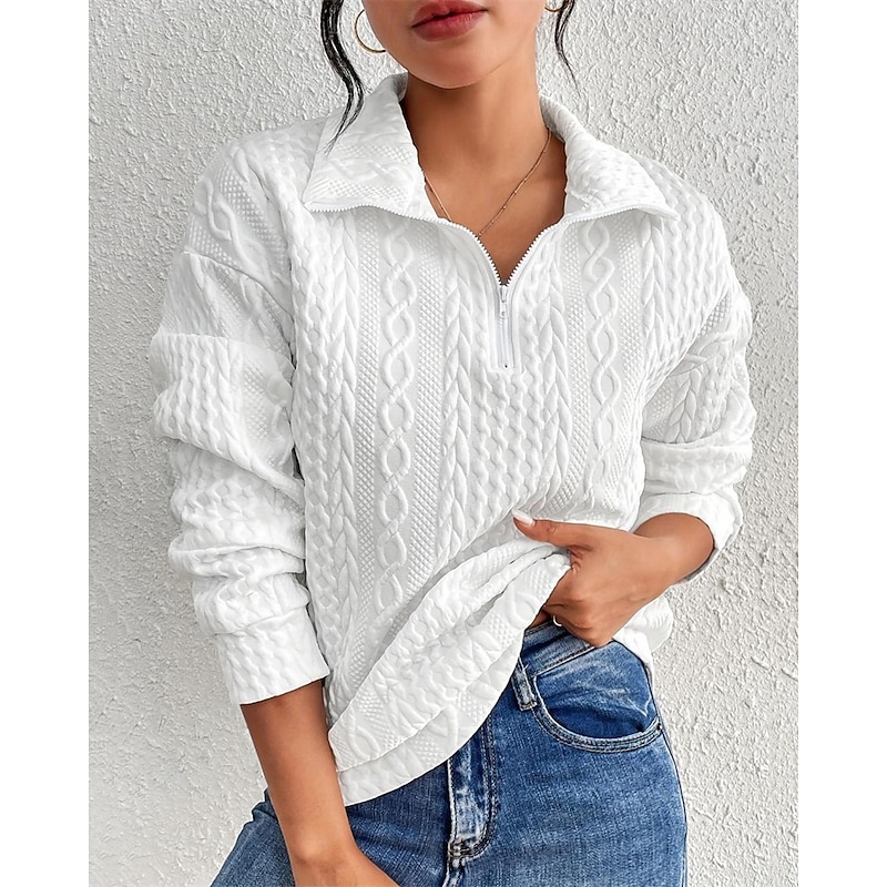 Women's Shirt Texture Sweatshirt Dressy Tops Plain Stylish Modern Long Sleeve Shirt Collar Regular Tops Daily Holiday Quarter Zip White Spring Fall
