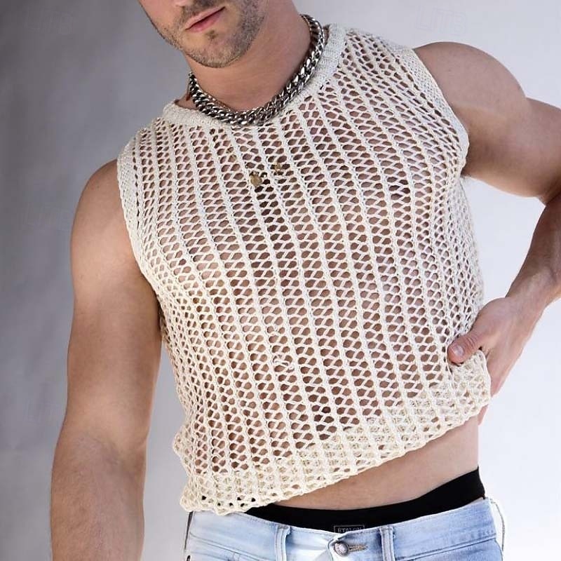 Men's Tank Top Vest Top Undershirt Sleeveless Shirt Sleeveless Crewneck Spring Plain Fashion Designer Hole Vacation Street Going out Beige Top Tee for Men2