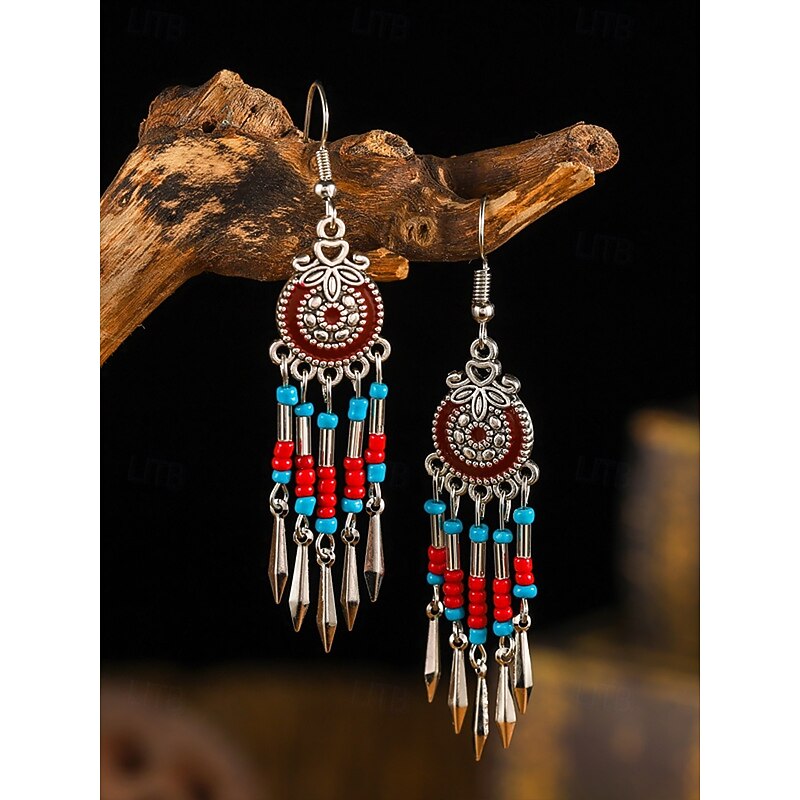 Bohemian Style Beaded Dangle Earrings for Women - Colorful Red and Blue, Tribal Chic, Perfect for Summer, Festivals and Casual Outfits3