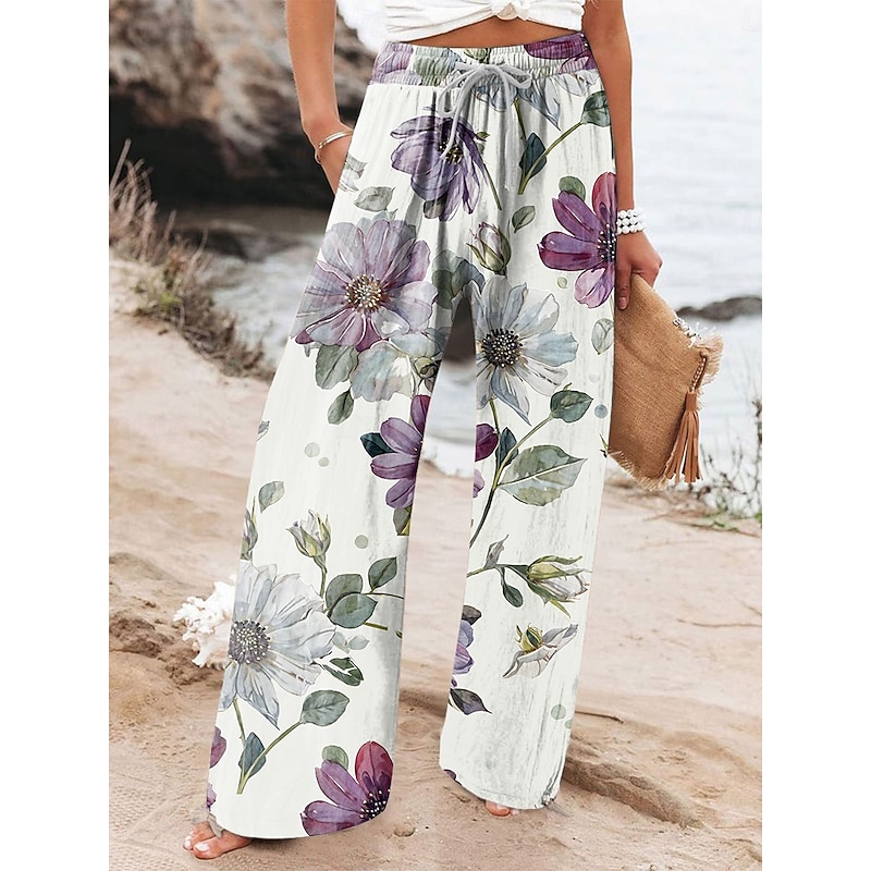 Women's Wide Leg Chinos Baggy Pants Vacation Fashion Ethnic Style Full Length High Waist Floral Graphic Abstract Printing Soft Breathable Micro-elastic Formal Vacation Street White Yellow Pink Blue4