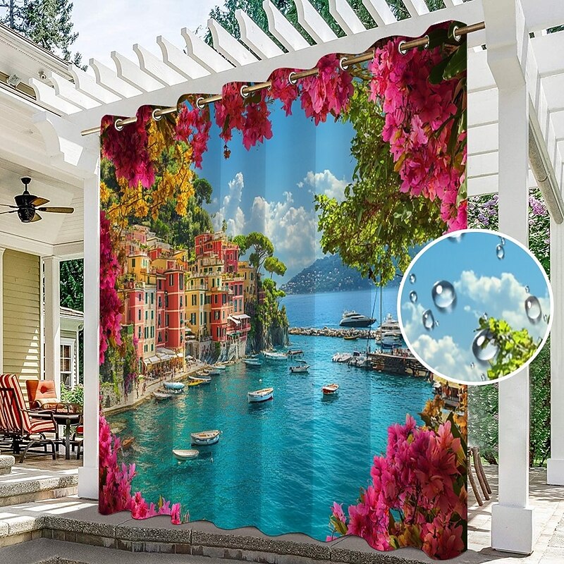 Waterproof Outdoor Curtain Privacy, Sliding Patio Curtain Drapes, Pergola Curtains Grommet 3D Ocean Landscape For Gazebo, Balcony, Porch, Party, 1 Panel