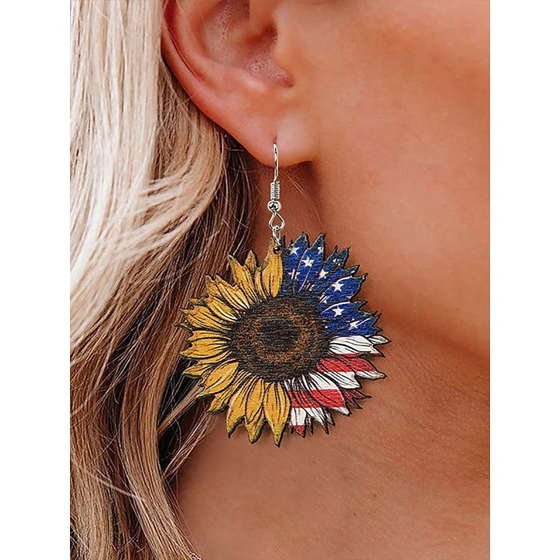 Women's American Flag Sunflower Wooden Dangle Earrings – Patriotic Boho Style Lightweight Statement Jewelry for Independence Day, 4th of July, Memorial Day and Summer Festivals