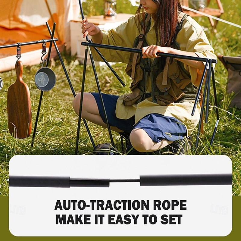 Foldable Tripod Camping Hanging Rack - 4 Hooks Outdoor Cookware Storage Portable, Outdoor Camping Folding Rack2