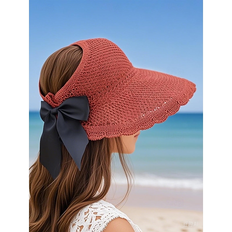 Women's Wide Brim Foldable Straw Sun Hat with Black Bow – Elegant Beach Vacation UV Protection Hat for Summer Travel and Outdoor Wear