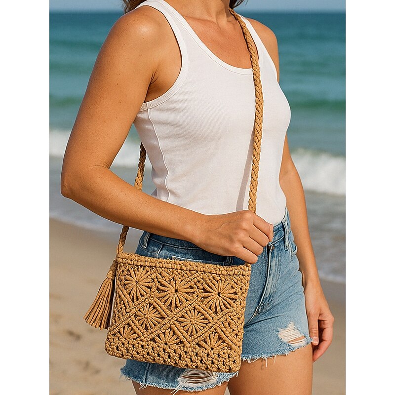 Women's Handwoven Boho Crossbody Bag – Vintage Macrame Shoulder Purse with Tassel for Beach Vacations and Casual Outfits Color Black White Pink2