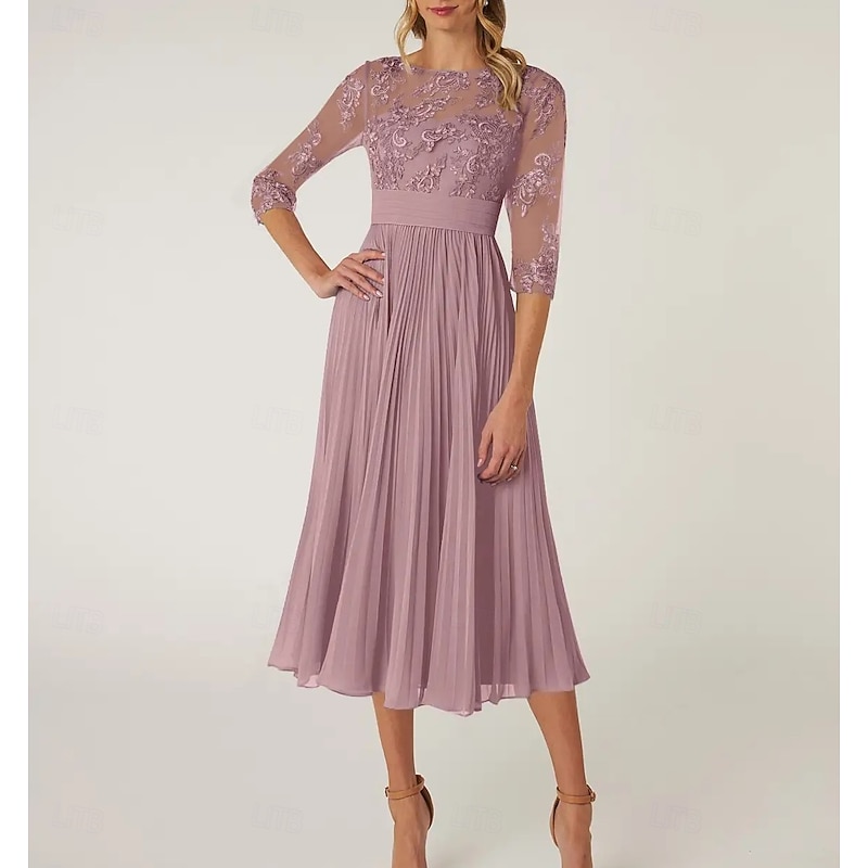 A-Line Mother of the Bride Dress Wedding Guest Elegant Crew Neck Tea Length Chiffon Lace 3/4 Length Sleeve with Lace Pleats