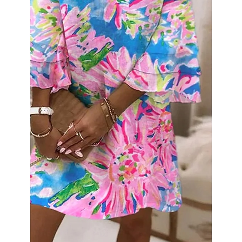 Women's Mini Dress Sundress A Line Dress Vacation Casual Boho Beach Regular Fit Ombre Floral Graphic 3/4 Length Sleeve V Neck Colourful Pink Sky Blue Ink Blue Summer Spring3