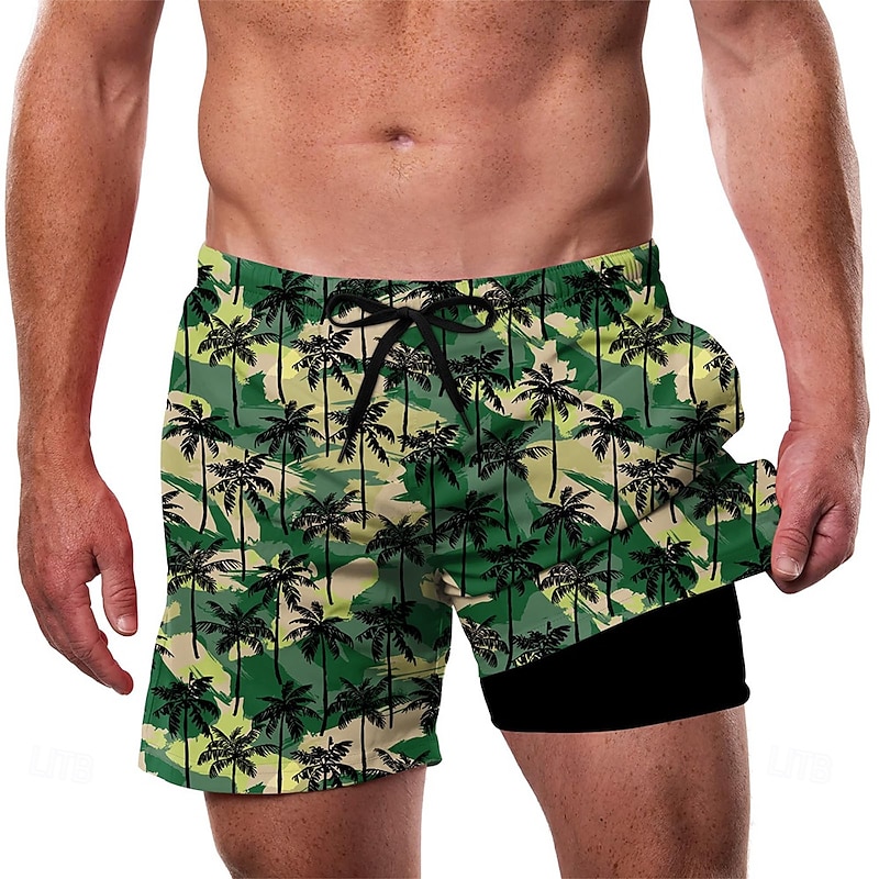 Men's Coconut Tree Camouflage Lined Shorts 2 in 1 Board Shorts Swim Shorts Mid Waist Hawaiian Vacation Beach Wear Side Pockets With Compression Liner Elastic Drawstring Waist Designer Clothing Apparel