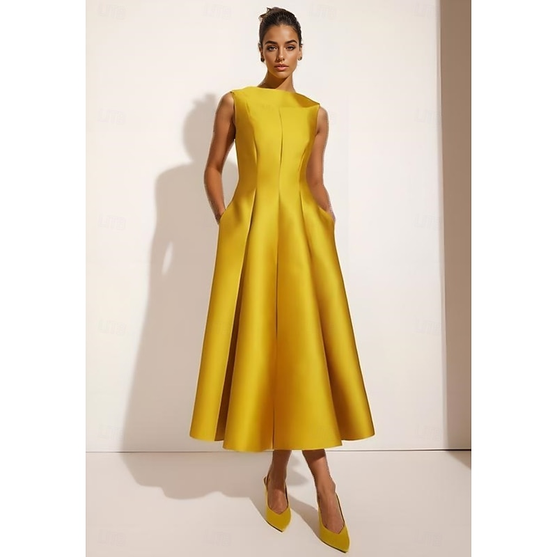 A-Line Cocktail Wedding Dresses Elegant Gown Formal Ankle Length Sleeveless Crew Neck Pocket Satin with Ruched Pocket