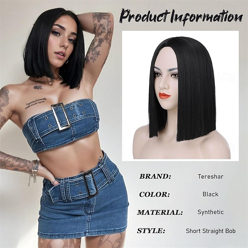 Black Bob Wigs for Women Short Straight Bob Without Bangs Middle Part Shoulder Length Heat Synthetic Wigs for Daily Party Cosplay Halloween Use2