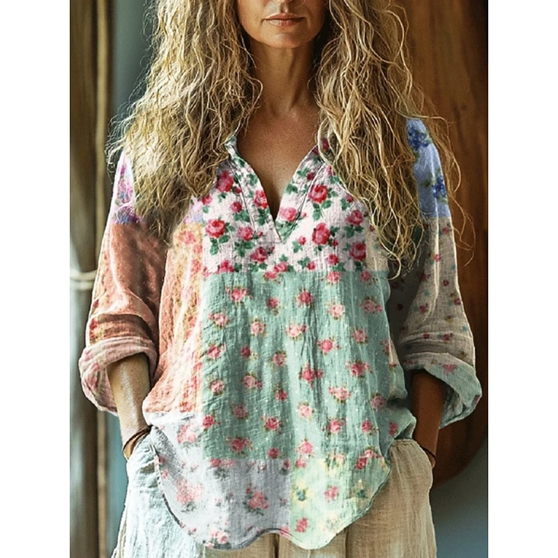 Women's Shirt Floral Bohemia Vintage Hawaiian Long Sleeve Shirt Collar Regular Tops Daily Holiday Buttons Print Black White Navy Blue Blue Purple Summer