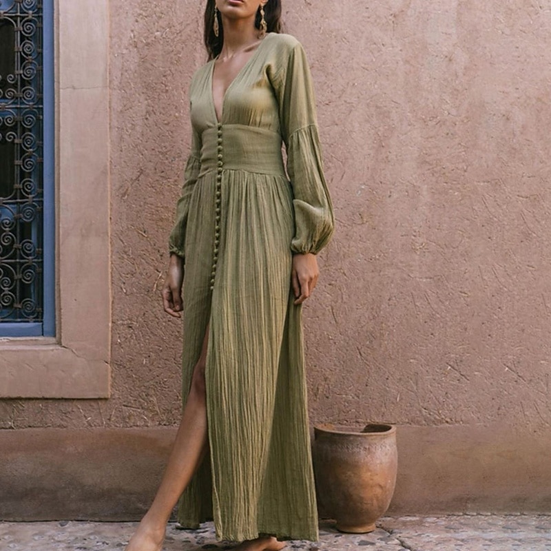 Women's Long Dress Maxi Dress Cotton Linen Dresses Prom Dress Casual Dress Summer Dress Vintage Fashion Outdoor Holiday Date Regular Fit Plain Long Sleeve Deep V Pink Green Beige Summer Spring4