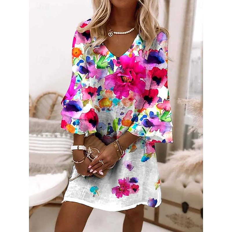 Women's Mini Dress Sundress A Line Dress Vacation Casual Boho Beach Regular Fit Ombre Floral Graphic 3/4 Length Sleeve V Neck Colourful Summer Spring - Main Image