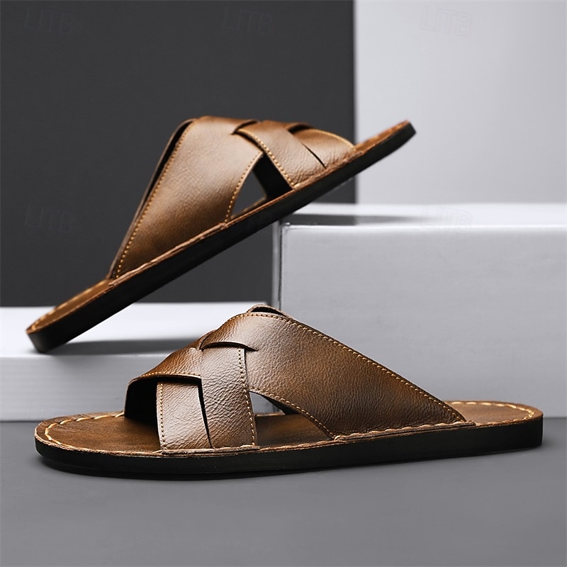 Men's Brown Faux Leather Cross-Strap Sandals – Casual Slip-On Sandals with Durable Sole, Perfect for Everyday Comfort, Vacation and Outdoor Adventures4