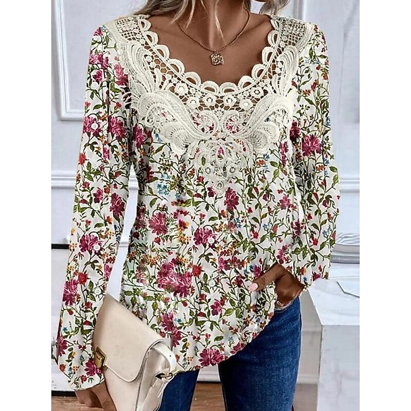 Women's Blouse Floral Marble Stylish Modern Long Sleeve V Neck Regular Tops Daily Holiday Lace Patchwork Print Black White Yellow Pink Blue Summer4