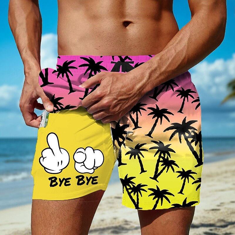 Men's Coconut Tree Cartoon Hand Print Lined Shorts 2 in 1 Board Shorts Swim Shorts Mid Waist Hawaiian Holiday Beach Wear Side Pockets With Compression Liner Elastic Drawstring Waist Designer Clothing