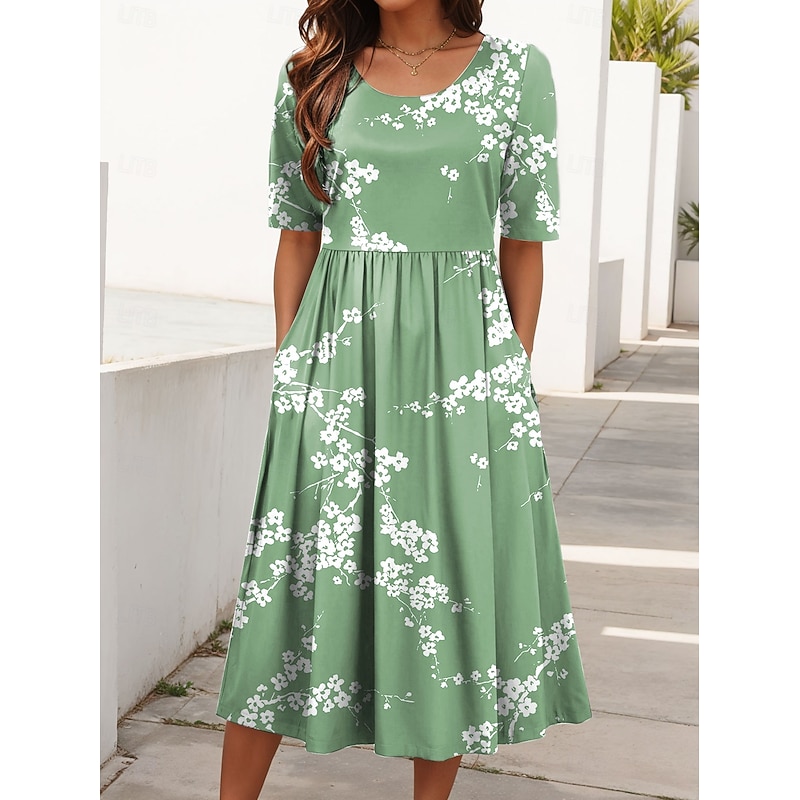 Women's Midi Dress Summer Dress Pleated Dress Vacation Casual Beach Daily Holiday Regular Fit Floral Graphic Short Sleeve Crew Neck Blue Purple Green Summer3