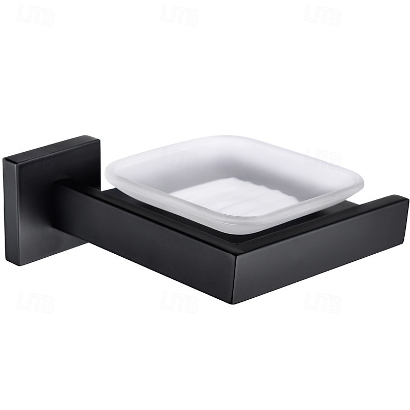 Soap Dish, Soap Holder, Bathroom Tempered Frosted Glass Soap Dish with Holder, Modern Shower Soap Dish Wall Mount, Square Soap Holder for Bath and Shower,Matte Black