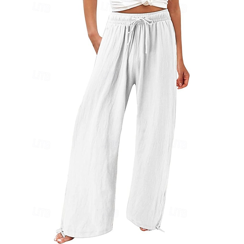 Women's Cotton Linen Pants Culottes Wide Leg Slacks Casual Full Length Natural Plain Pocket Elastic Drawstring Design Comfy Outdoor Comfortable Street Going out Grey White Army Green Summer Regular