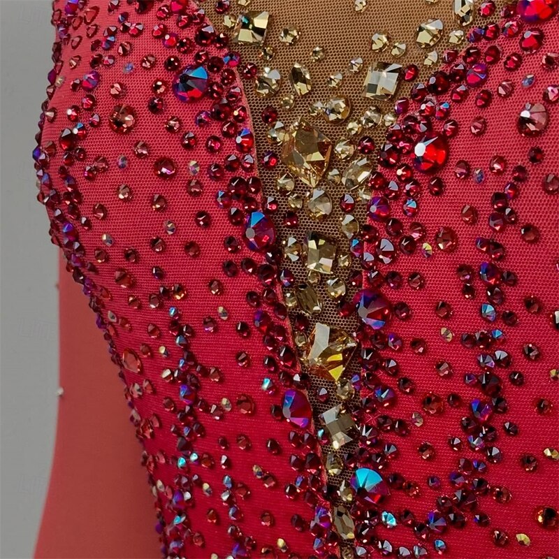 Figure Skating Dress Women's Girls' Ice Skating Dress Black Red Thumbhole Asymmetric Hem Mesh High Elasticity Training Competition Skating Wear Classic Crystal / Rhinestone Long Sleeve Ice Skating3