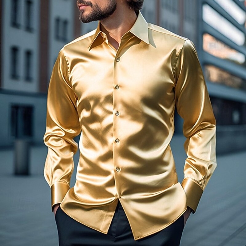 Retro Vintage 1980s Shiny Metallic Shirt Disco Solid Color Turndown Fancy Dress Men's Carnival Costume Kings Day Carnival Performance Club Pride Parade Adults' Shirt All Seasons