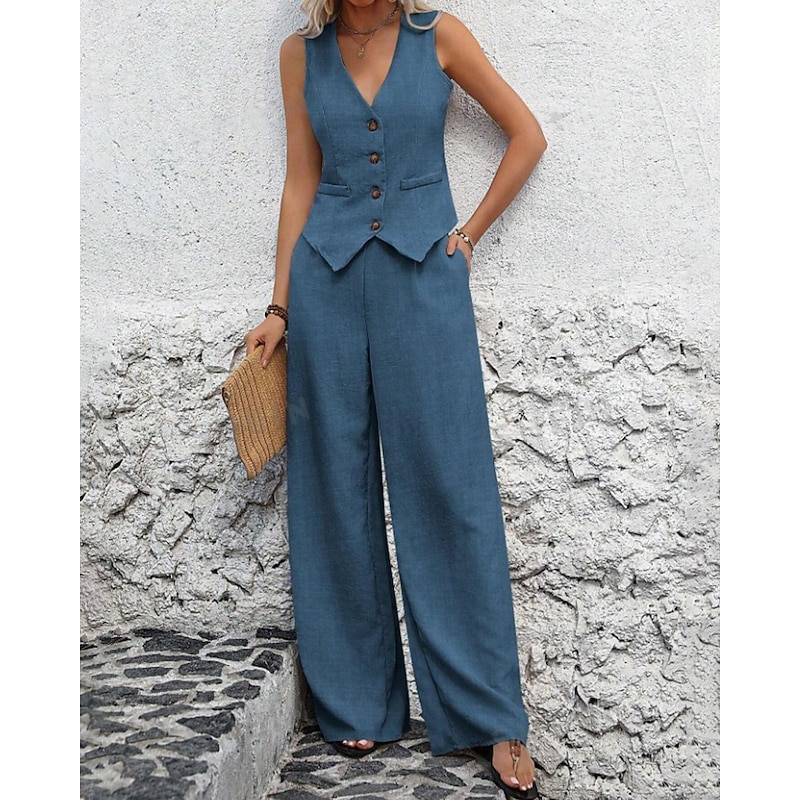 Women's Active Blouse Vest Pants Sets Sleeveless V Neck Solid Color Dubbele Rij Knopen Outdoor Vacation Blue Green Khaki Summer Regular Fit3