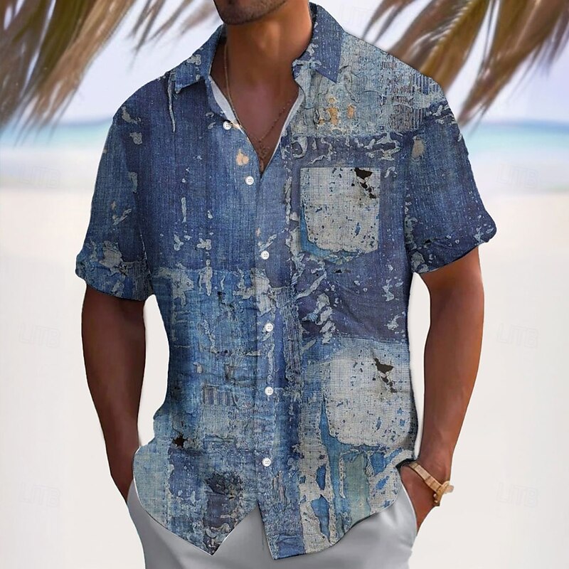 Men's Denim-like Shirt Casual Shirt Button Up Shirt Short Sleeve Vintage Retro Vacation Dailywear Holiday Summer Spring Turndown 3D Print Collared Shirts Front One Pocket Blue Green Khaki Gray - Main Image