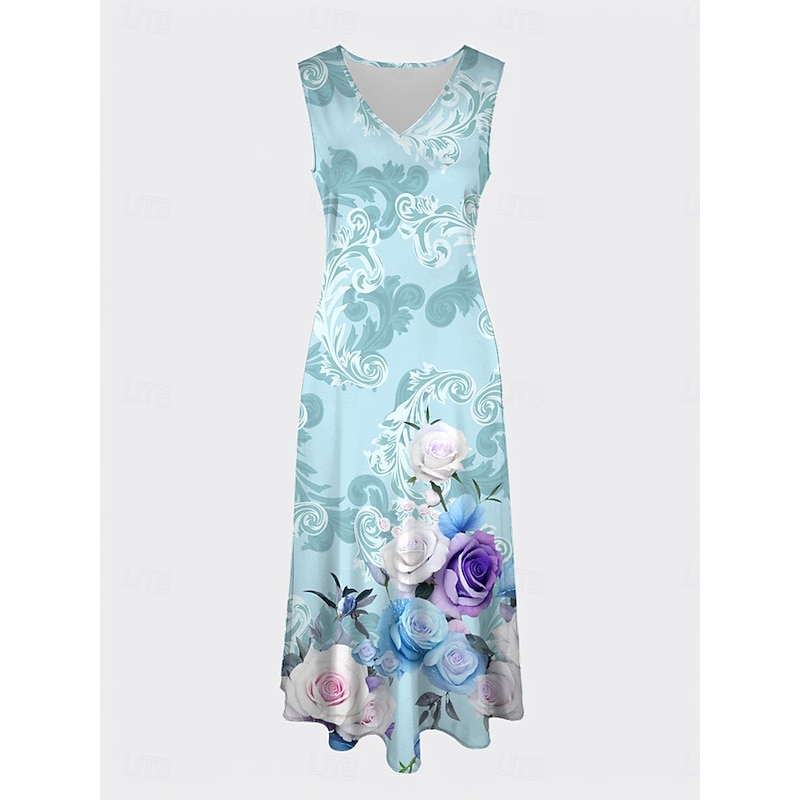 Women's Two Piece Dress Sets Midi Dress with Jacket Elegant A Line Dress Half Sleeve Party Semi Formal Floral Graphic Print V Neck Wedding Guest Daily Blue Regular Fit3