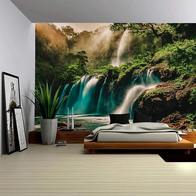 Magnificent Forest Waterfall Landscape Hanging Tapestry Mural Art Large Tapestry Mural Decoration Photos Background Carpet Curtains Home Bedroom Living Room Decoration4