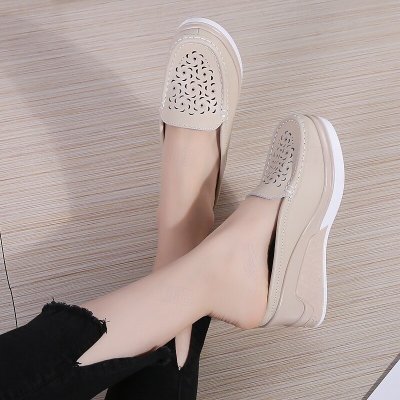 Women's Black Wedge Slip-On Shoes – Stylish Embossed Leather Loafers with Comfortable Platform for Casual and Everyday Wear4