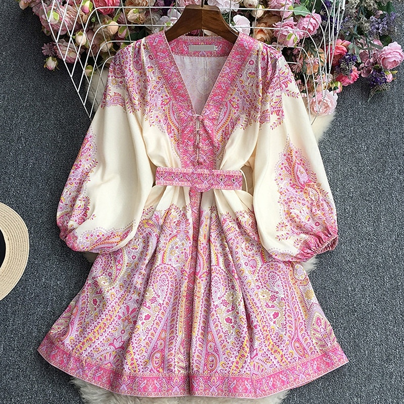 Women's Mini Dress Casual Dress Summer Dress Boho Dress Fashion Modern Outdoor Holiday Date Regular Fit Flower Long Sleeve V Neck Yellow Pink Blue Summer Spring2