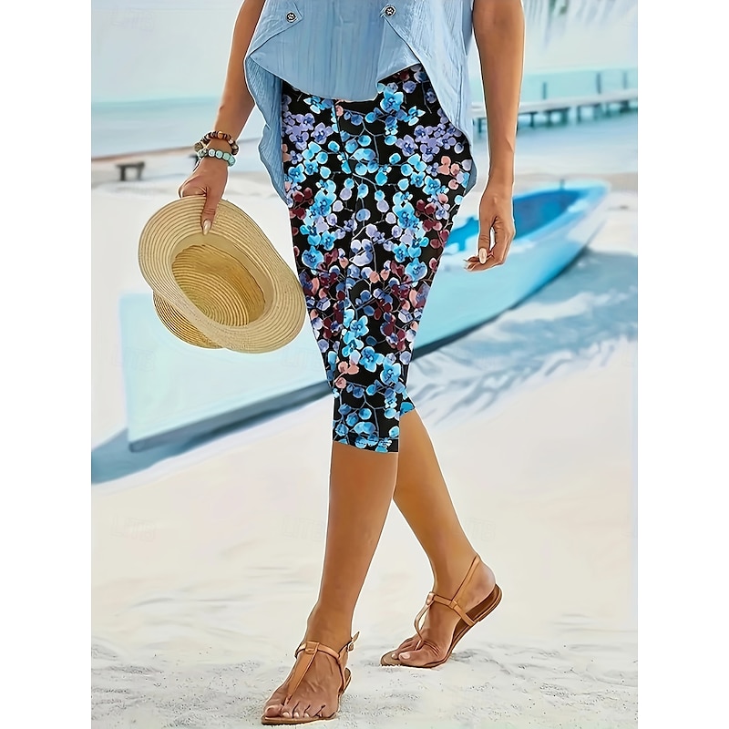 Women's Leggings Capri Pants High Elasticity Vacation Vintage Fashion Calf-Length High Waist Floral Graphic Printing Breathable Soft Stretchy Formal Vacation Office Gray Green Black Summer Spring4