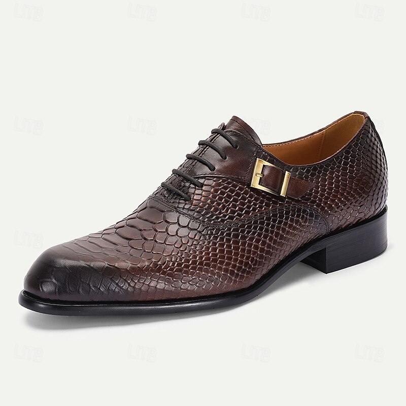 Men's Dark Brown Crocodile Pattern Leather Oxford Shoes with Buckle – Elegant Prom Dress Shoes for Formal Occasions2