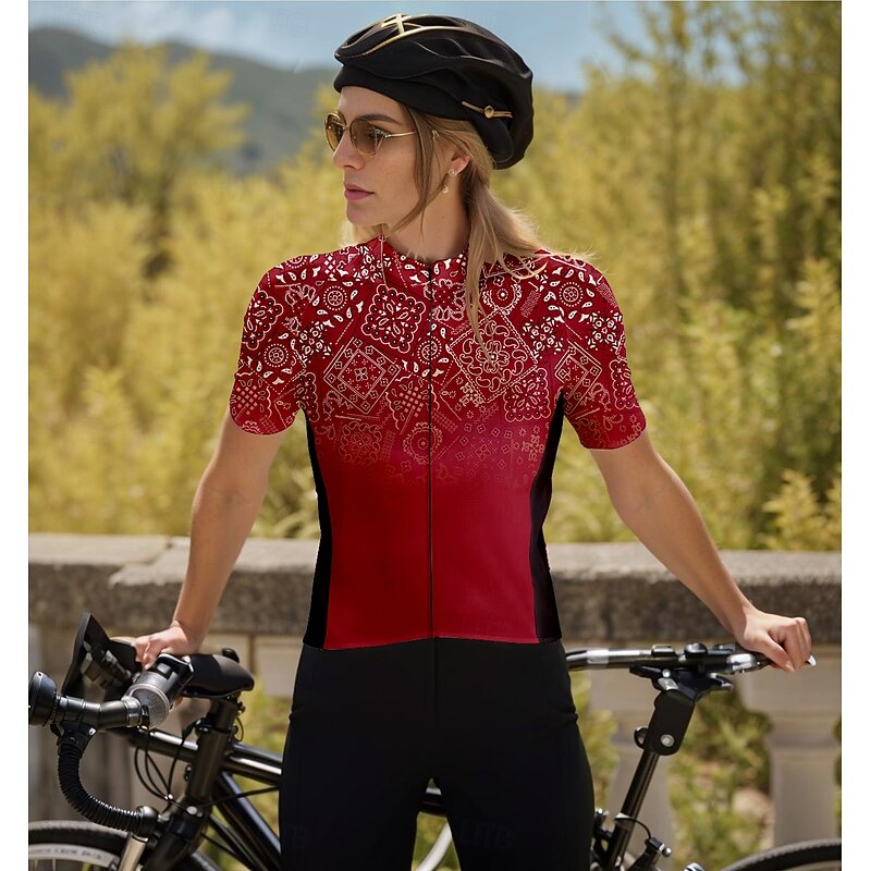 Women's Cycling Jersey Graphic Geometric Gradient Short Sleeve Bike Jersey Top with 3 Rear Pockets Quick Dry Reflective Strips Back Pocket Moisture Wicking Sports Wine Red Clothing Apparel