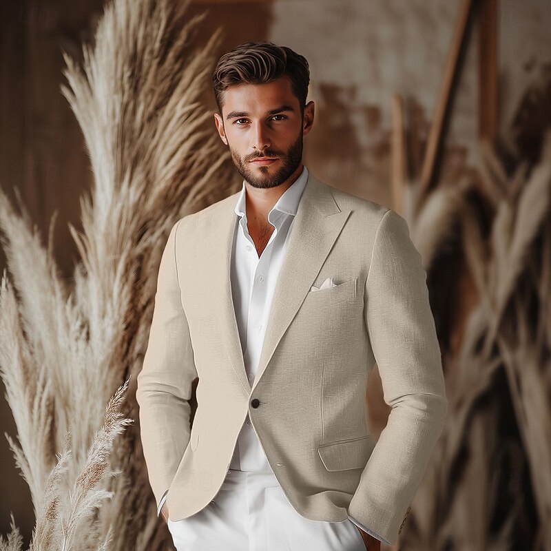 Men's Linen Blazer Sport Coat Notch Collar Fashion Casual Solid Colored Yellow Orange Beige Standard Fit Single Breasted One-button4