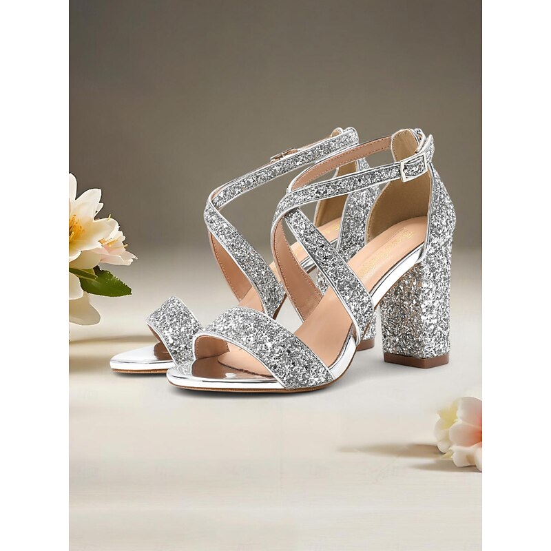 Women's Gold Glitter Block Heel Sandals, Crisscross Strap Design for Cocktail Parties and Night Events and Prom