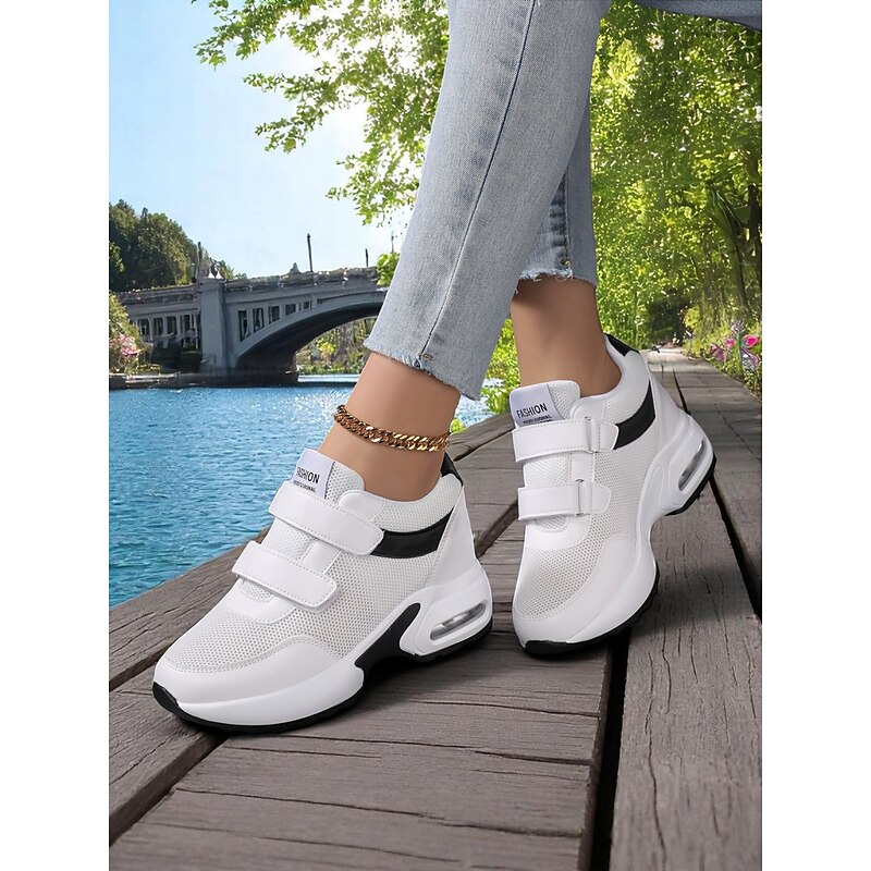 Women's White Mesh Sneakers with Velcro Straps – Fashion Air-Cushioned Athletic Shoes for Casual Wear and City Walks3