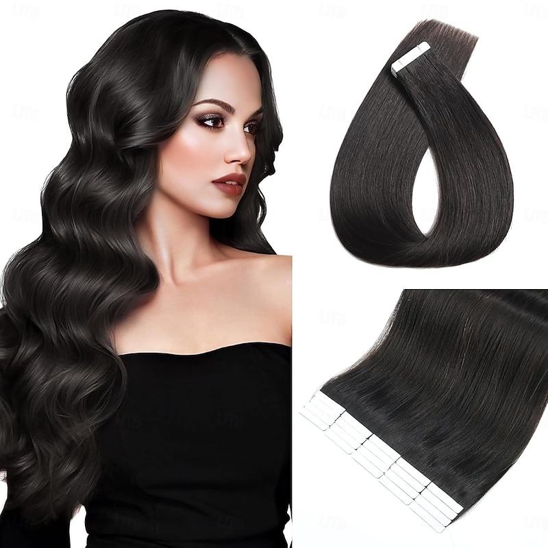 Human Hair Extensions Seamless 1# Black Tape In Straight Hair 18Inch 60G 20Pcs