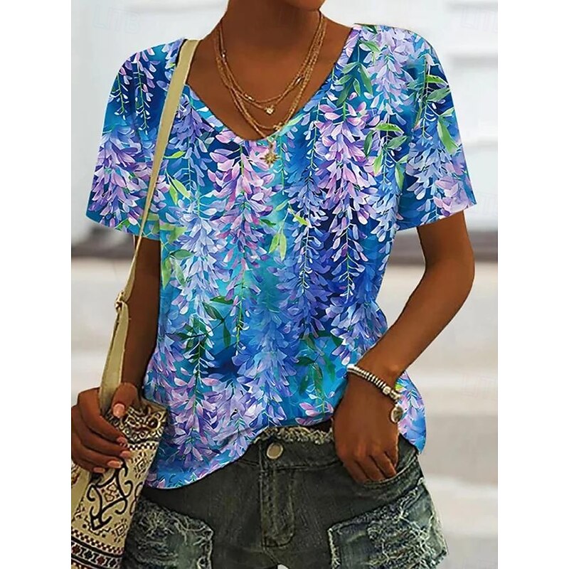 Women's T Shirt Floral Graphic Plants Vintage Tropical Hawaiian Short Sleeve V Neck Regular Tops Daily Print Pink Royal Blue Blue Green Summer Spring2