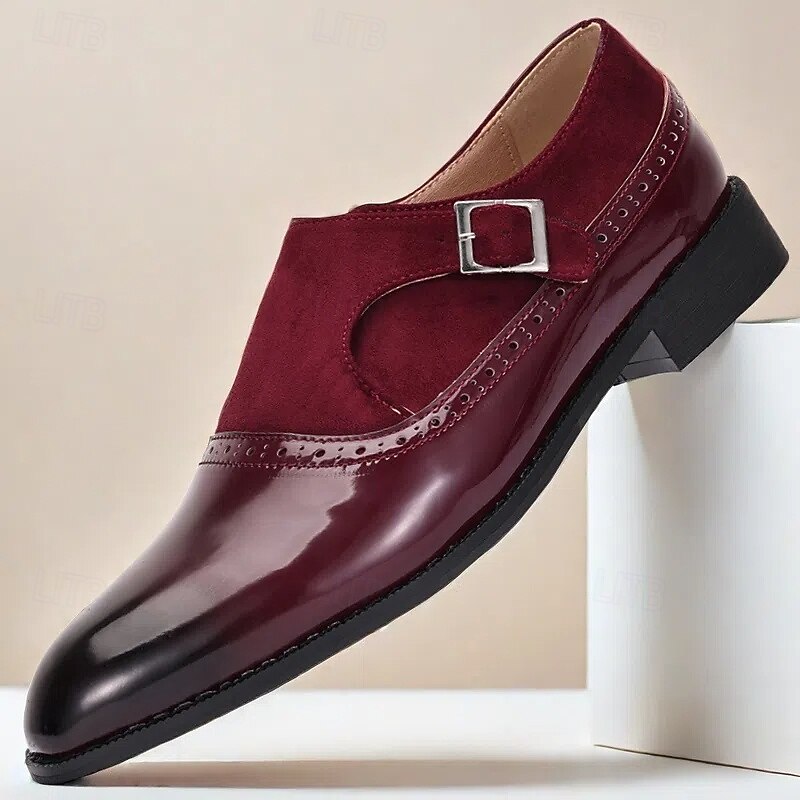 Men's Burgundy Patent Leather Monk Shoes with Buckle – Elegant Prom Shoes for Formal Events