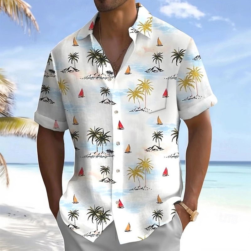 Men's Coconut Tree Sailboat Tropical Plants Shirt Summer Hawaiian Shirt Button Up Shirt Short Sleeve Hawaiian Holiday Beach Wear Summer Spring Turndown 3D Print Collared Shirts Front One Pocket White