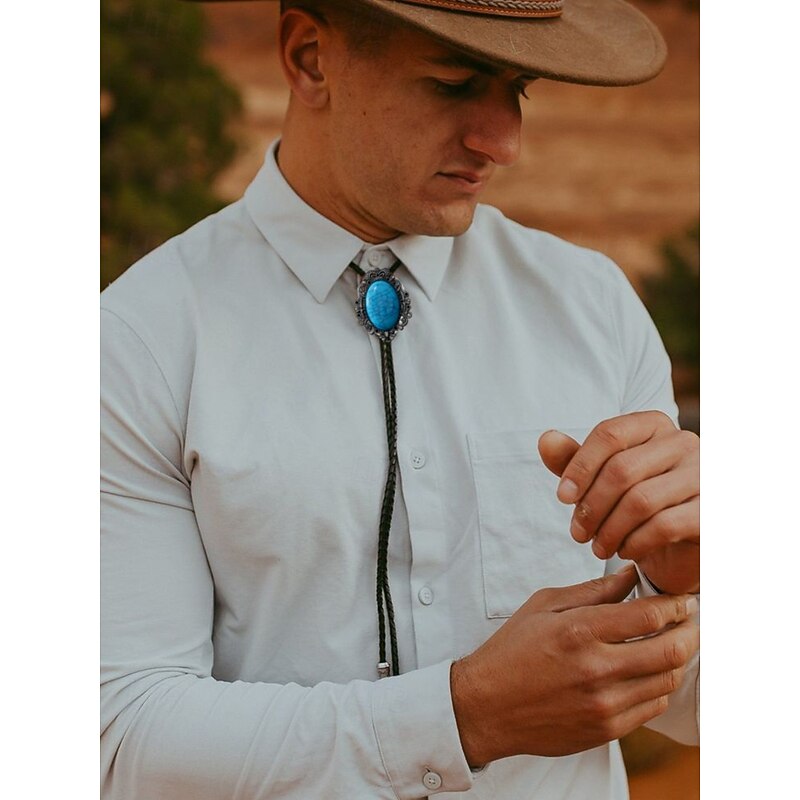 Men's Western Cowboy Bolo Tie with Turquoise Inlay, Vintage Design - Adjustable Leather Cord, Cowboy Fashion Accessory for Casual and Formal Occasions4