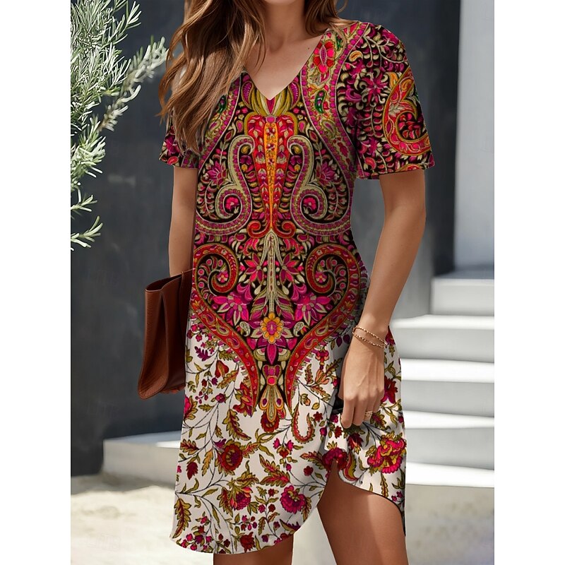 Women's Mini Dress Knit Dress Casual Dress T Shirt Dress Tee Dress Sundress Vacation Casual Beach Regular Fit Floral Graphic Vintage Short Sleeve V Neck Red Blue Purple Green Summer Spring