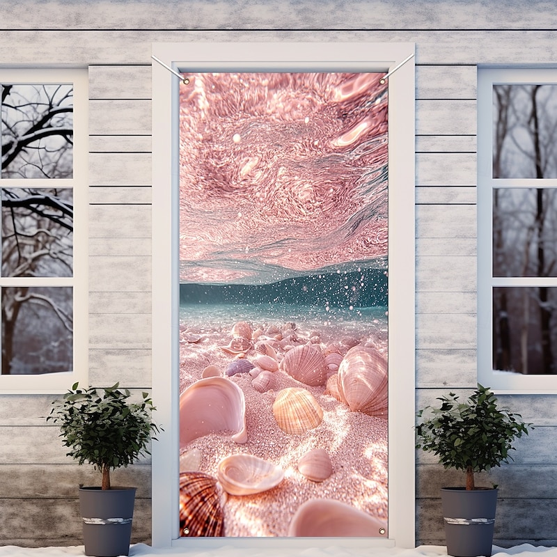 Ocean Pink Shells Door Decorations Door Covers Door Tapestry Door Curtain Decoration Backdrop Indoor/Outdoor Door Banner for Front Door Farmhouse4