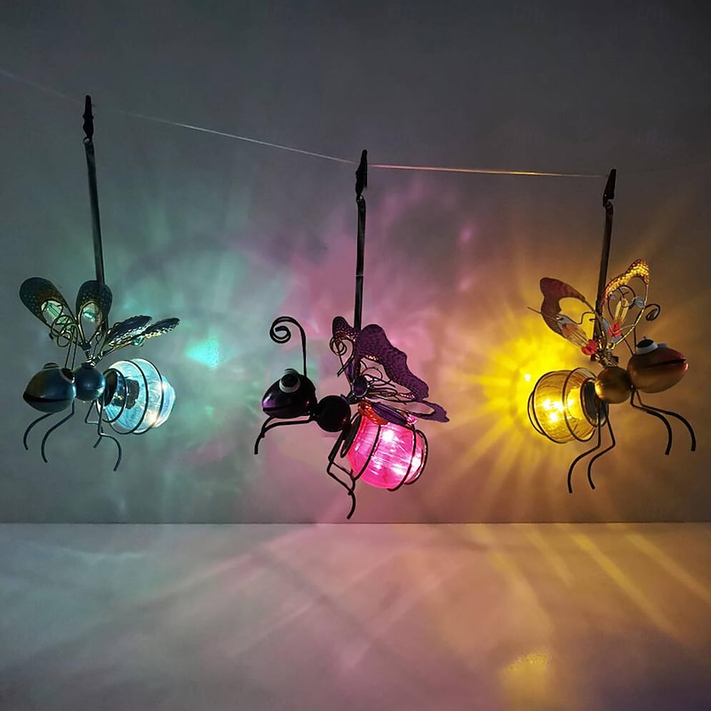 1 Pc Outdoor Solar Simulation Insect Hanging Decorative Light Golden Bee Purple Dragonfly Blue Butterfly Courtyard Garden Balcony Park Iron Art Luminous Landscape Light