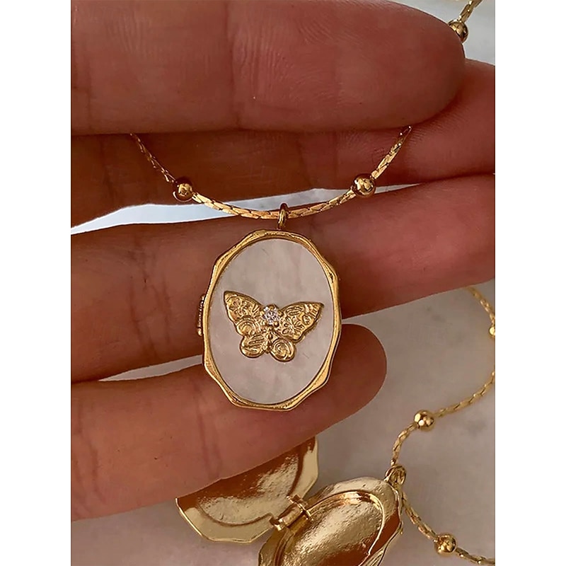 Women's Gold Butterfly Locket Necklace - Vintage Style Oval Pendant with Pearls and Hidden Photo Compartment, Elegant Anniversary, Birthday or Graduation Jewelry Gift