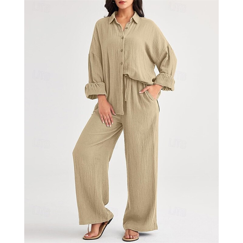 Women's Fashion Streetwear Shirt Two Piece Sets Pants Sets Long Sleeve Shirt Collar Solid Color Drawstring Daily Wear Date Black Wine Army Green Spring Regular Fit