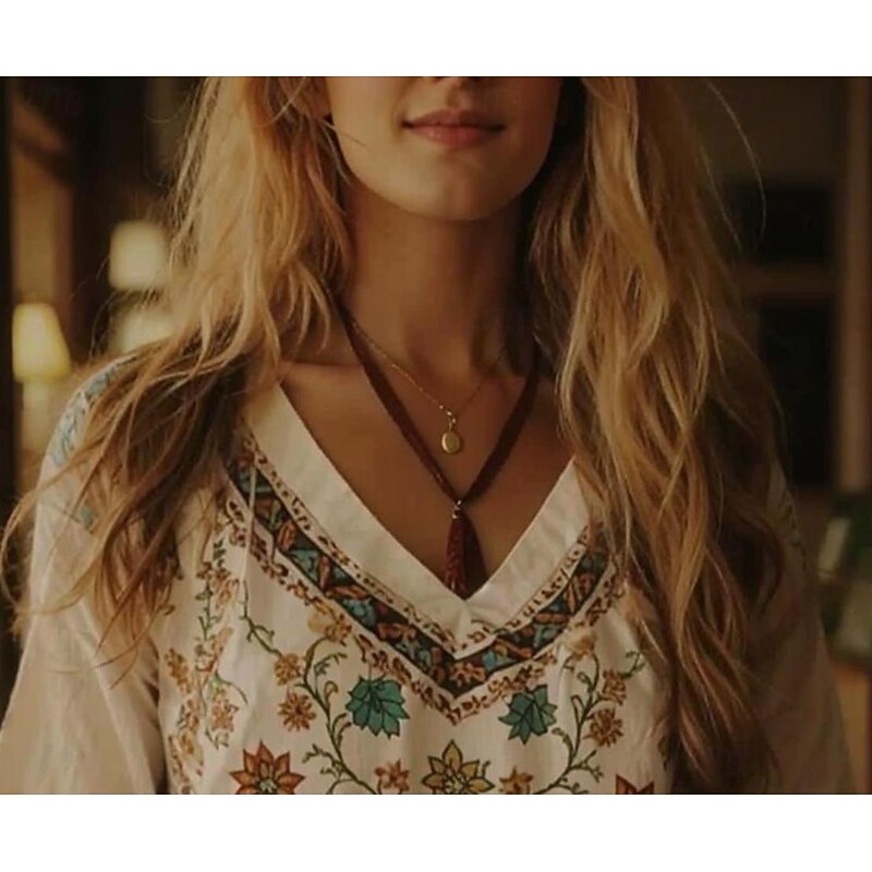 Women's Boho Blouse Floral Graphic Bohemia Vintage Tropical 3/4 Length Sleeve V Neck Regular Tops Beige Summer Spring2
