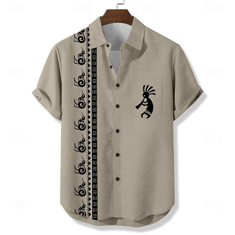 Men's Geometric Ethnic Kokopelli Shirt Casual Shirt Button Up Shirt Short Sleeve Vintage Retro Vacation Holiday Streetwear Summer Turndown 3D Print Front One Pocket Linen Like Shirt Blue 2# Army4
