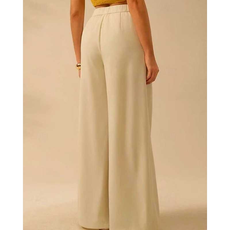 Women's Culottes Wide Leg Slacks Casual Full Length Natural Plain Elastic Waist Outdoor Comfortable Street Going out Black Beige Summer Regular Fit2